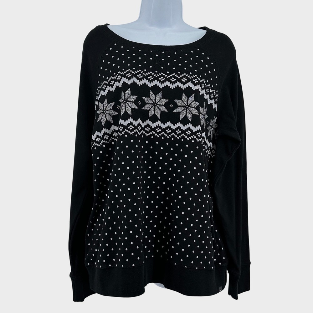 Eddie Bauer LegendWash Sweatshirt Womens‎ XL Black Snowflake Fair Isle Holiday